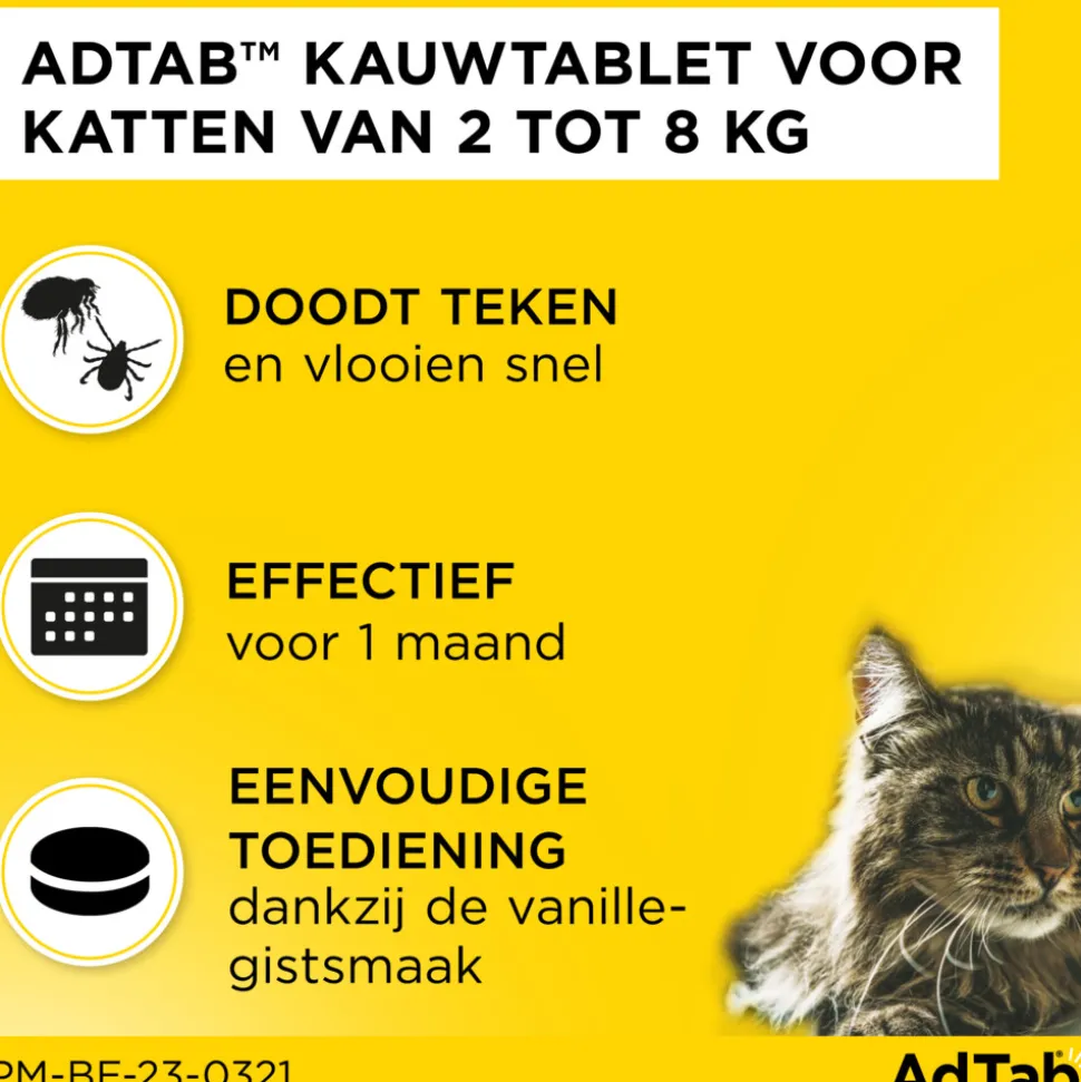 AdTab Anti Vlo en Teek Kauwtabletten Kat >2,0-8,0 kg 3 tabletten