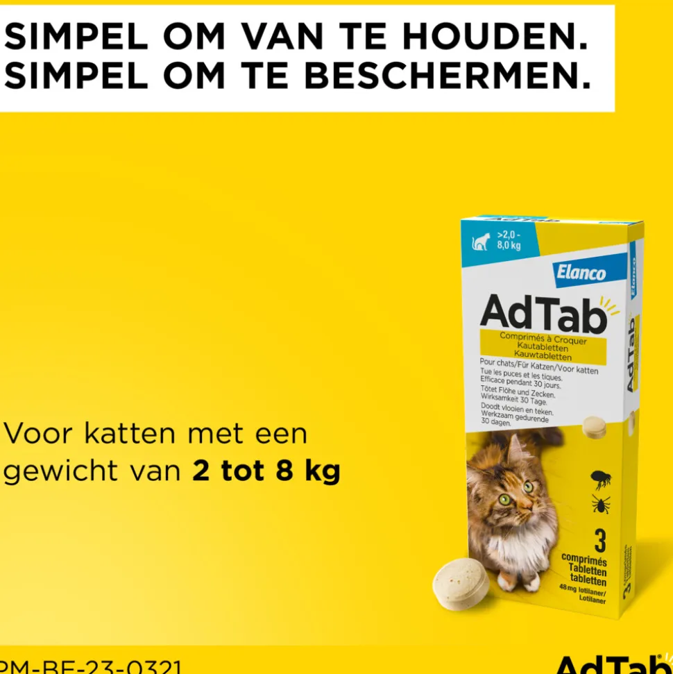 AdTab Anti Vlo en Teek Kauwtabletten Kat >2,0-8,0 kg 3 tabletten