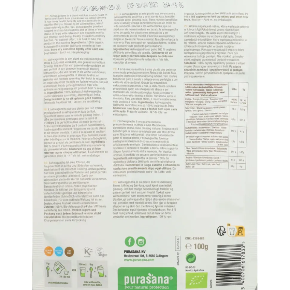 Purasana Super Spicy & Tea Bio Ashwagandha Poeder 100 gr
