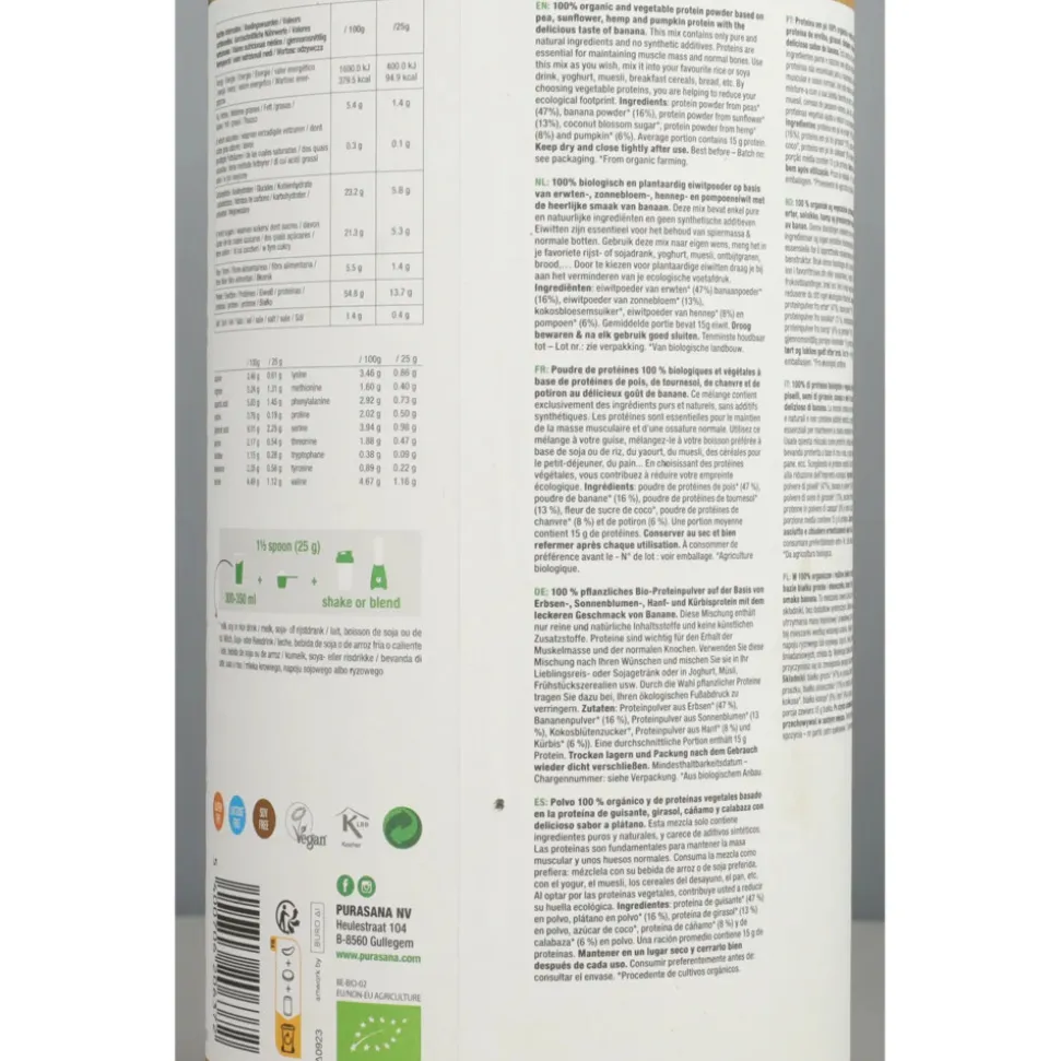 Purasana Vegan Erwt Hennep Zonnebloem Pompoen Proteine Mix Banaan BIO 400 gr
