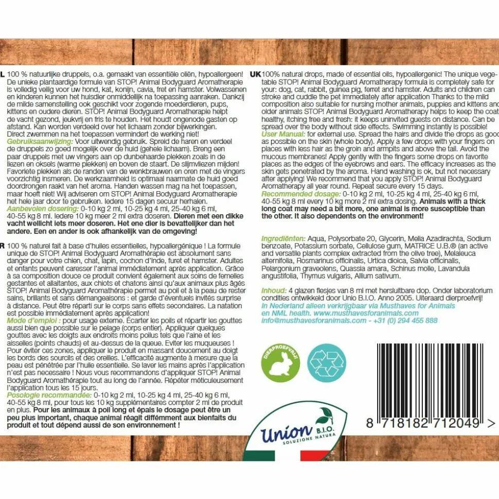 STOP! Animal Bodyguard Aromatherapie Anti Vlooien en Teken Druppels Hond en Kat 4 x 8 ml