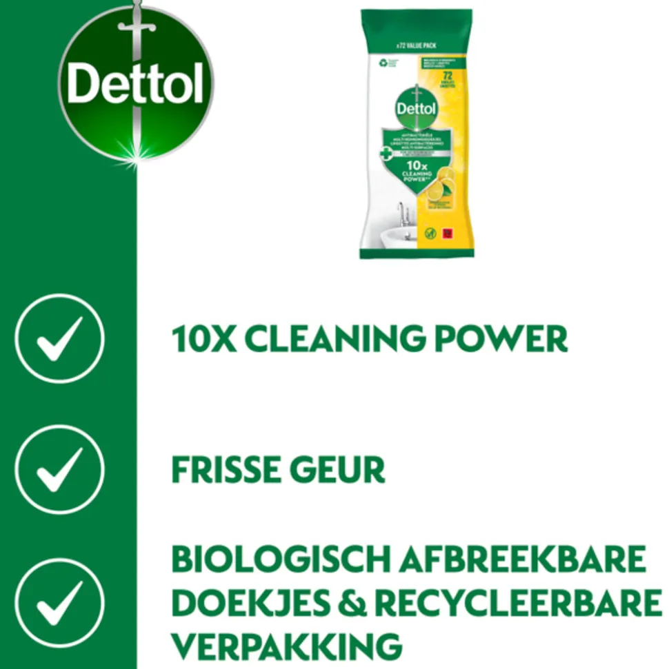 5x Dettol Antibacteriële Reinigingsdoekjes Sprankelende Citroen 72 stuks