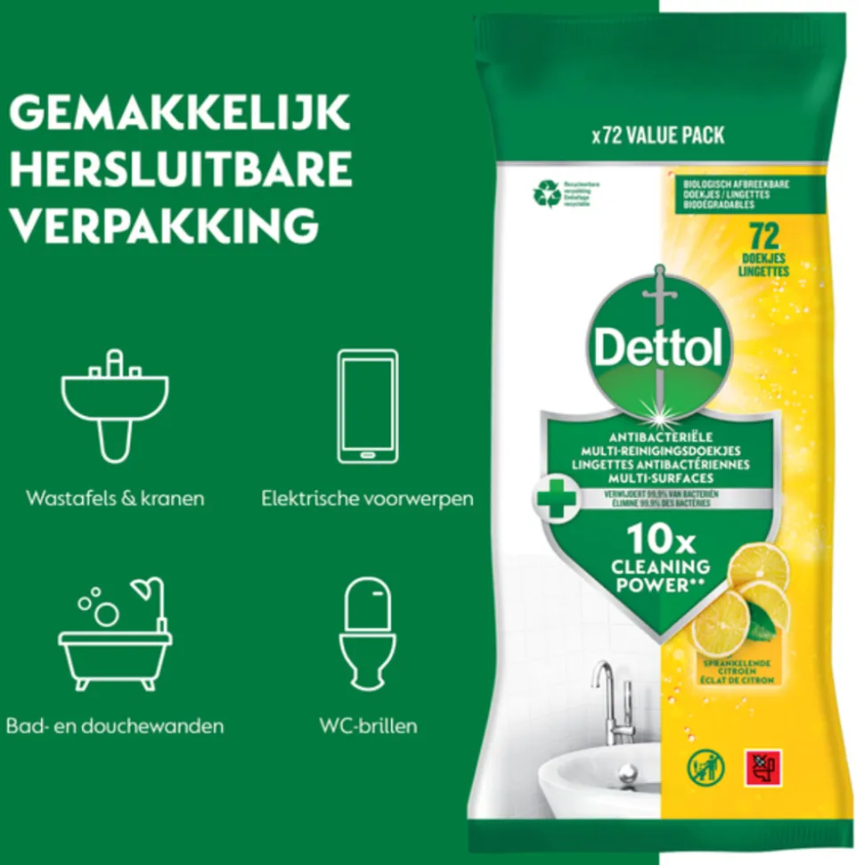 5x Dettol Antibacteriële Reinigingsdoekjes Sprankelende Citroen 72 stuks