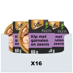 16x Sheba Filets Kattenvoer Natvoer Garnaal & Oceaanvis & Kip in Saus 60 gr
