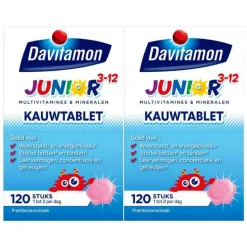 2x Davitamon Junior 3+ Kauwvitamines Framboos 120 kauwtabletten