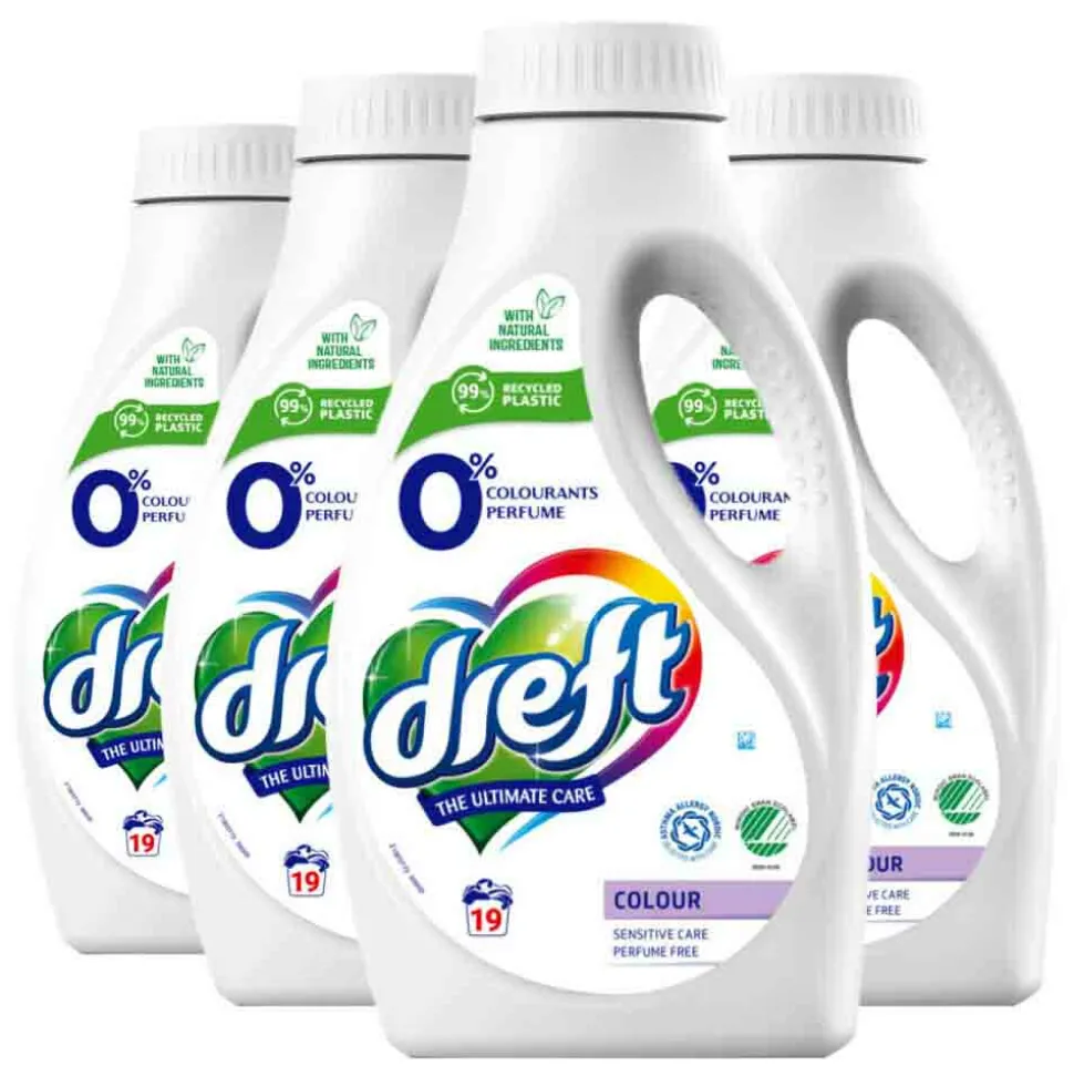 4x Dreft Vloeibaar Wasmiddel 0% Gekleurde Was 19 Wasbeurten 988 ml