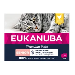 4x Eukanuba Premium Paté Graanvrij Senior Kattenvoer Nat Kip Multi-Pack 12 x 85 gr