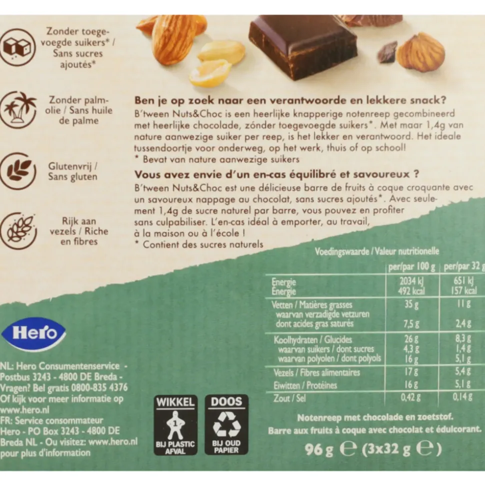6x Hero B'tween Nuts & Choc Notenmix Chocolade Melk Puur 3 x 32 gr