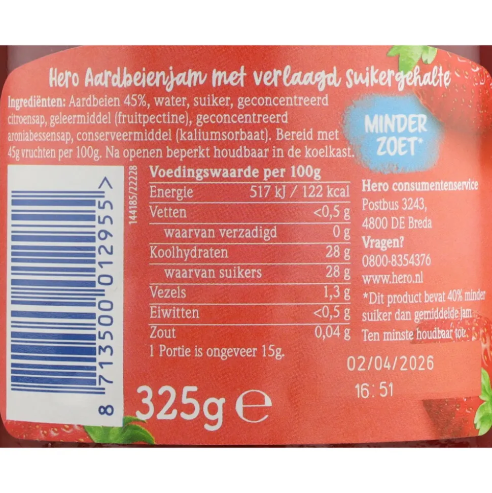 3x Hero Jam Minder Zoet Aardbeien 325 gr