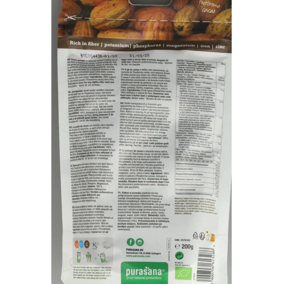 3x Purasana Superfood Cacaopoeder Bio 200 gr