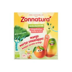 3x Zonnatura Knijpfruit Groente Mango/Wortel/Sinas Biologisch 4 x 85 gr
